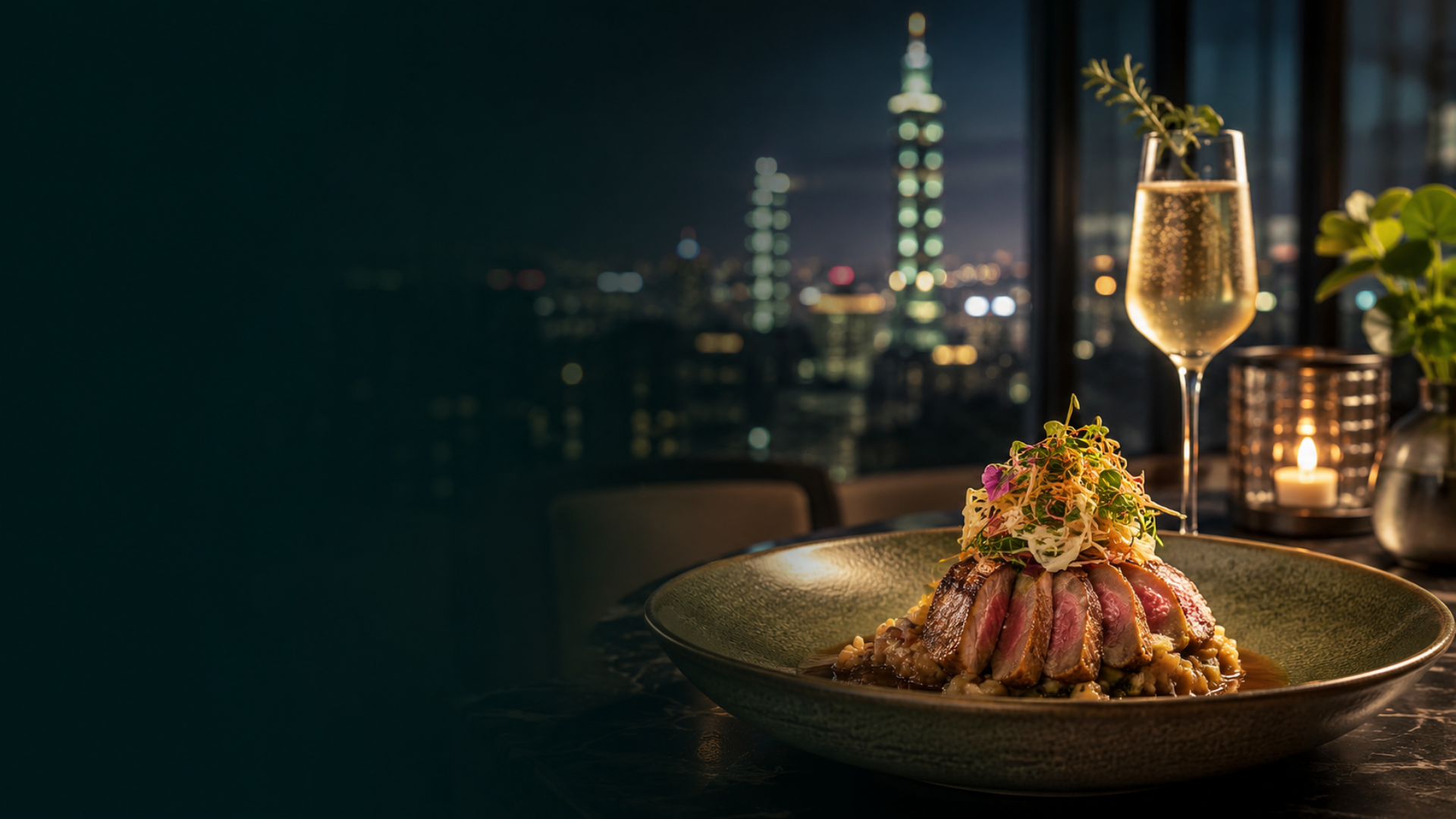 Upscale dining scene with plated dish, sparkling drink, and Taipei skyline for Aesk Edit Flavor Guide