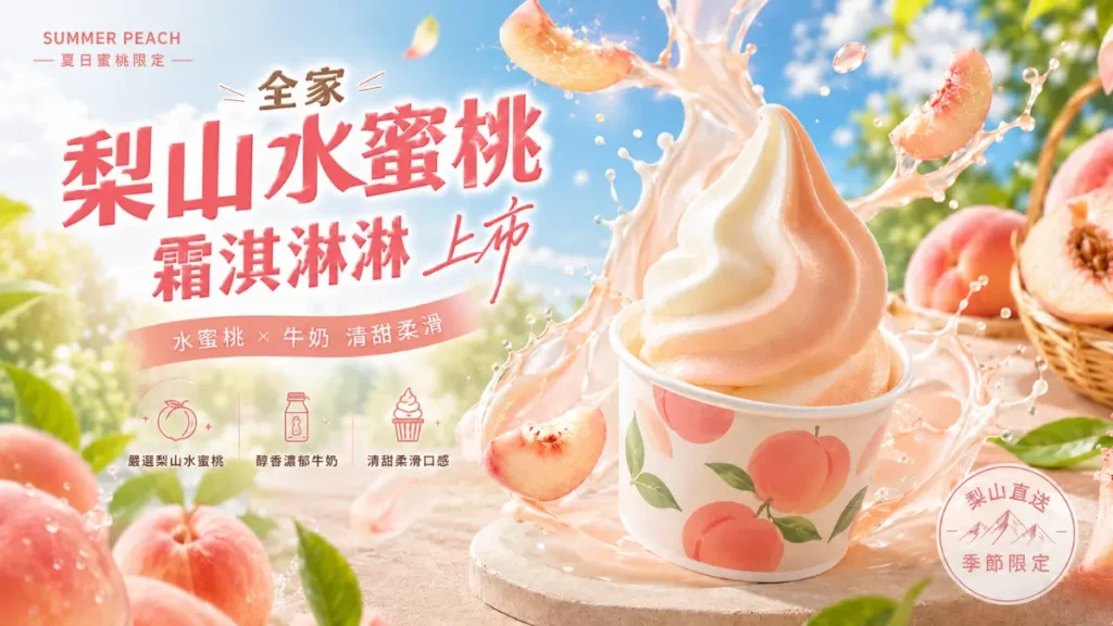 全家梨山水蜜桃霜淇淋開吃！Fami!ce 7 月新口味，粉嫩水蜜桃果香、雙口味搭莊園牛奶